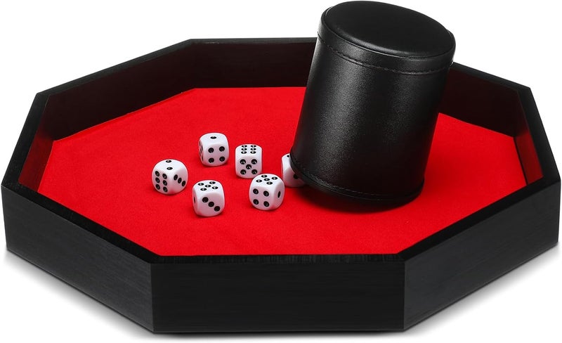 MiniInflat Octagon Tray Dice Cup Set Include Wooden Dice Tray Felt Lined PU Leather Dices Cup with 6 Dot Dices for Table Games(Black) - Image 1